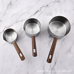 304 Stainless Steel Kitchen Tools Creative Wooden Handle Pouring Oil Small Pot Hotel Restaurant Steak Juice Cup Measuring Cup Measuring Spoon