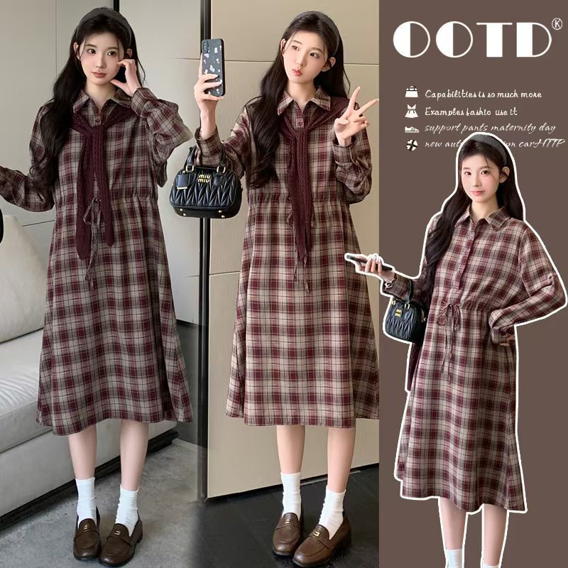 Maternity Wear Nobelle Waist-Cinching Retro Plaid Dress Slimming Autumn College Style Red Plaid Skirt Knitted Fabric Maternity Wear Nobelle Waist-Cinching Retro Plaid Dress Slimming Autumn College Style Red Plaid Skirt Knitted Fabric