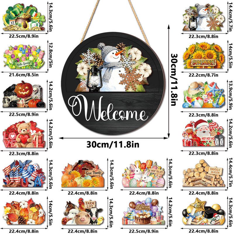 Cross-Border New Product: 3D Front Door Interchangeable Wooden Sign, Seasonal Holiday Decoration, DIY Wooden Door Sign
