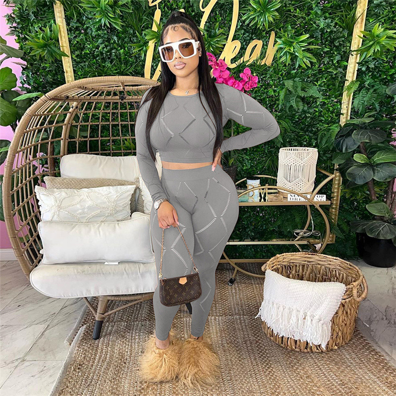 Polyester Fabric Type Daily Street Women's Casual Sexy Solid Color Polyester Hollow Out Pant Co-ord Set Pants Sets