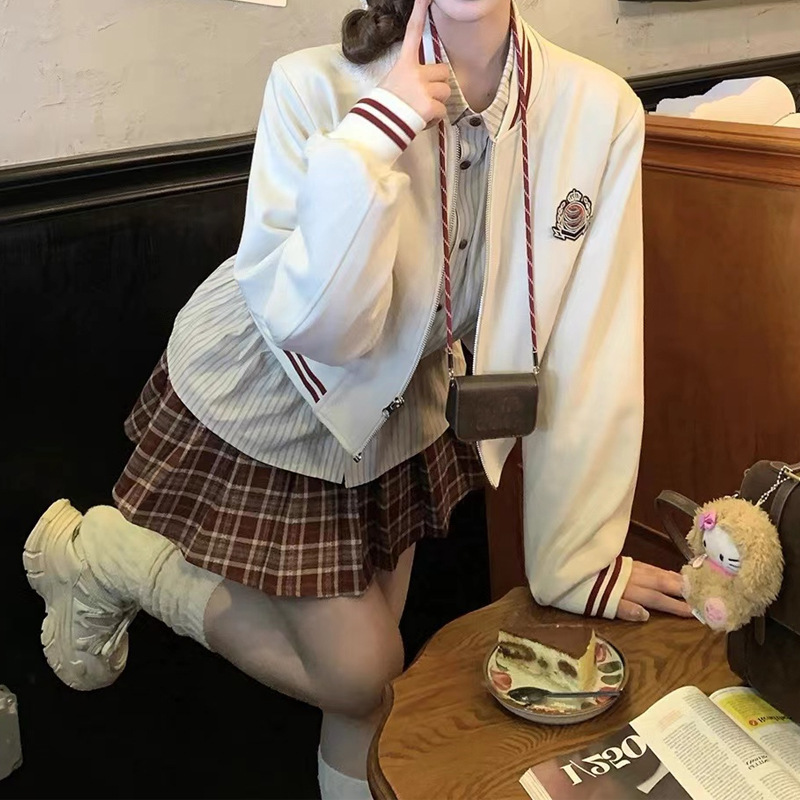 【可可暖咖】条纹衬衫棒球领外套秋季百搭百褶裙套装学院风2025新|undefined
