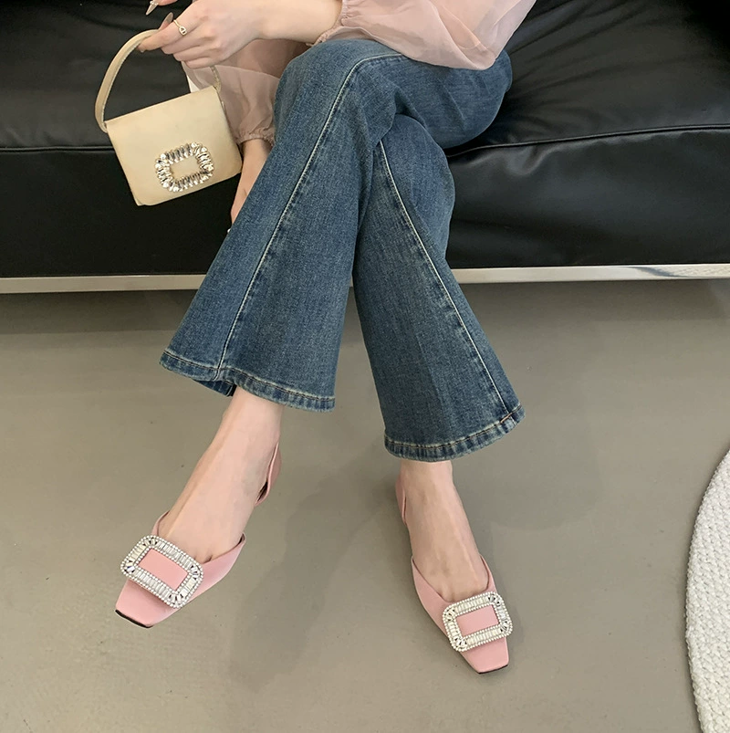 Huimei Silk Snowflake Buckle Shallow Mouth Shoes Feminine Style New Hollow Sandals Women's Low Heel Rhinestone Women's Shoes