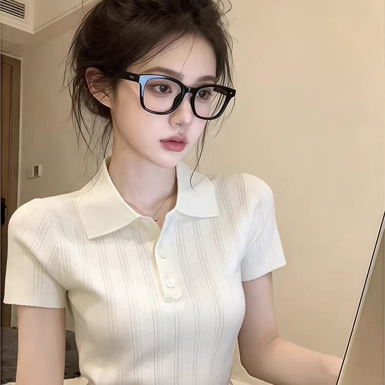 Polo Collar Knitted Short-Sleeved T-Shirt for Women Summer Vertical Stripes Slim Fit Short Top Ice Silk Knitted Shirt for Women Polo Collar Knitted Short-Sleeved T-Shirt for Women Summer Vertical Stripes Slim Fit Short Top Ice Silk Knitted Shirt for Women