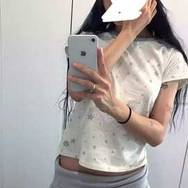 实价【支克棉氨纶】螺纹领口+印花短袖修身恤女图片色