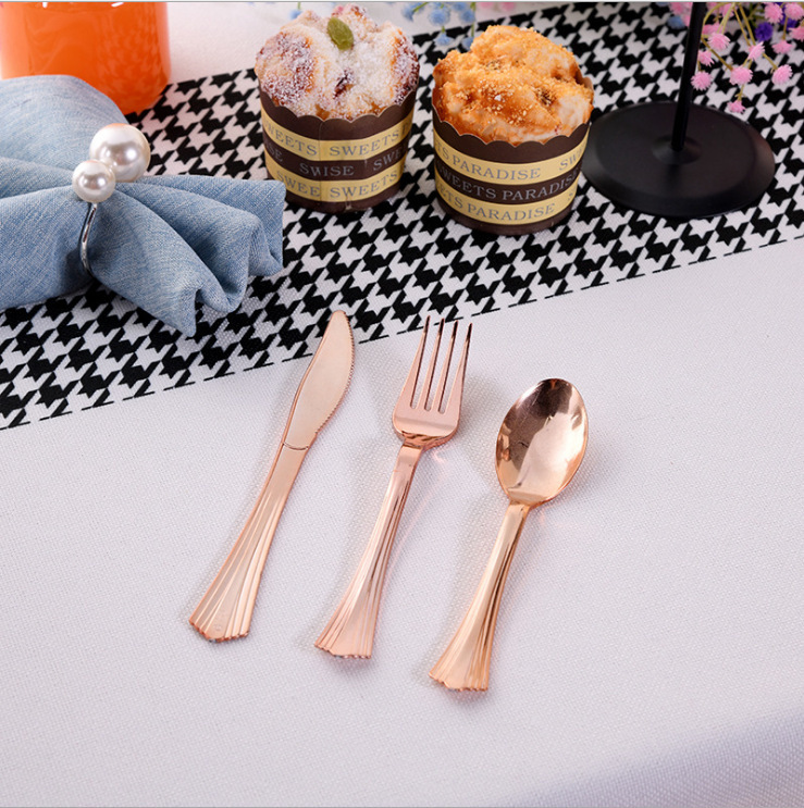 Portable Disposable Tableware Knife, Fork, Spoon, Western-Style Salad Plastic Rose Gold Tableware, Outdoor Dinner Knife, Fork, Spoon Set