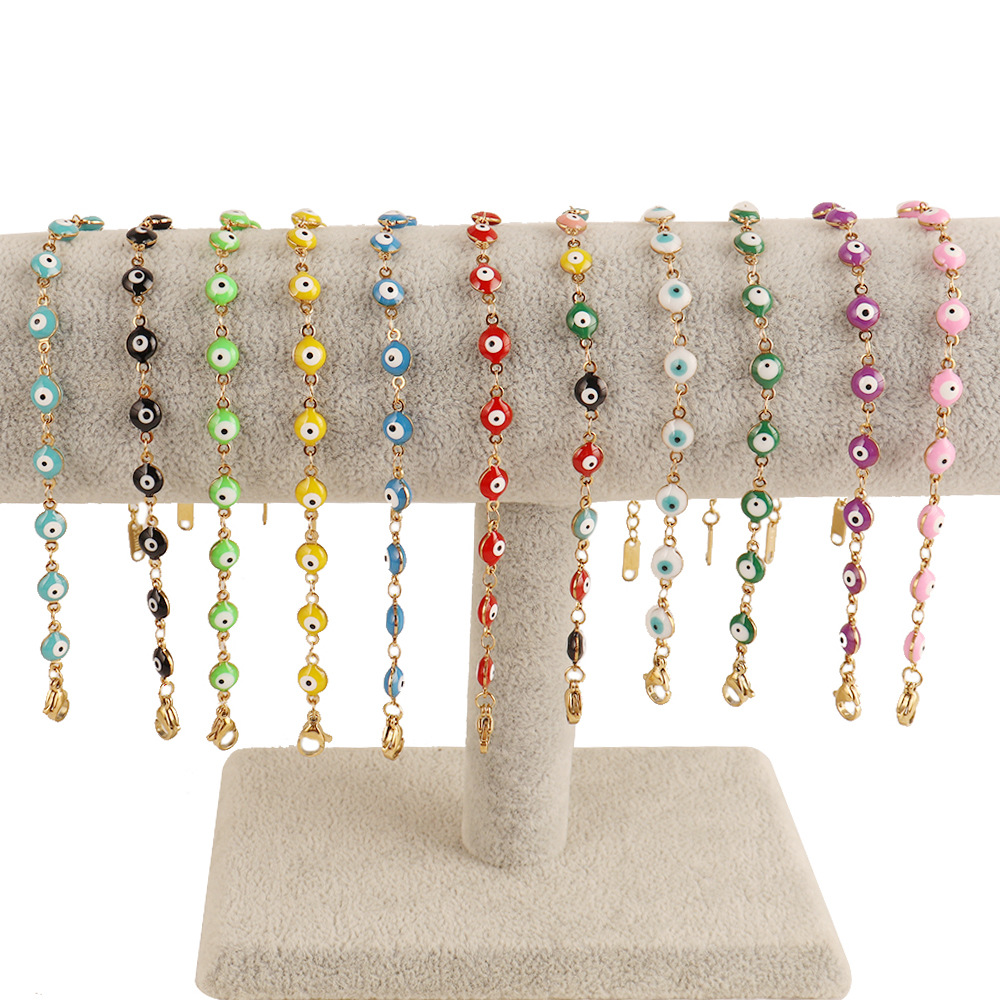 Cross-Border European and American Hip-Hop Style Titanium Steel Multi-Color Enamel Devil's Eye Bracelet for Men 18K Gold Oil Drop Eye Bracelet for Women