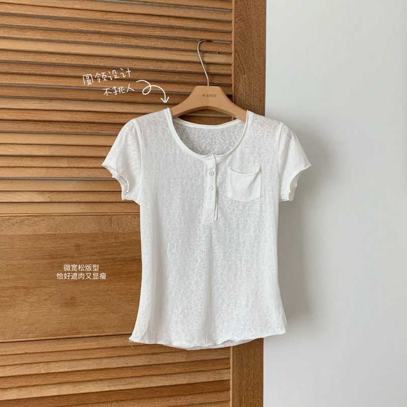 45リネンソフトワックスリラックス痩身オールドマネーTシャツレディーススリムフィットシングルポケット半袖|undefined