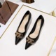 1722-3 Spring and Autumn OL Commuter Shoes Medium Heel Chain Low Heel Pointed Ends Versatile Comfortable Women's Single Shoes