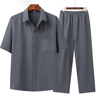 Dad's Summer Two-Piece Suit, Middle-Aged and Elderly Men's Short-Sleeved Shirt, 60-Year-Old Grandpa's Shirt, Tang Suit Casual Suit