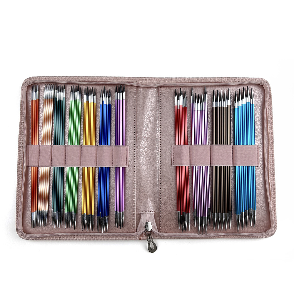 Herramientas de tejido transfronterizas de alúmina de agujas rectas bicolores agujas de suéter de doble punta un conjunto de 11 pagado por 5 conjuntos