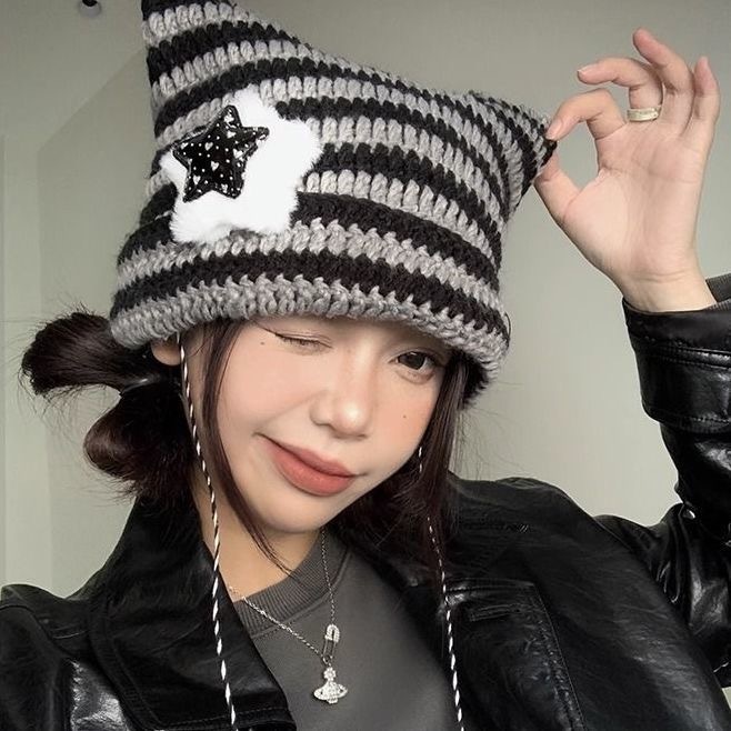 秋冬季新款可爱猫耳朵保暖毛线帽女韩版时尚网红套头帽条纹针织帽|undefined
