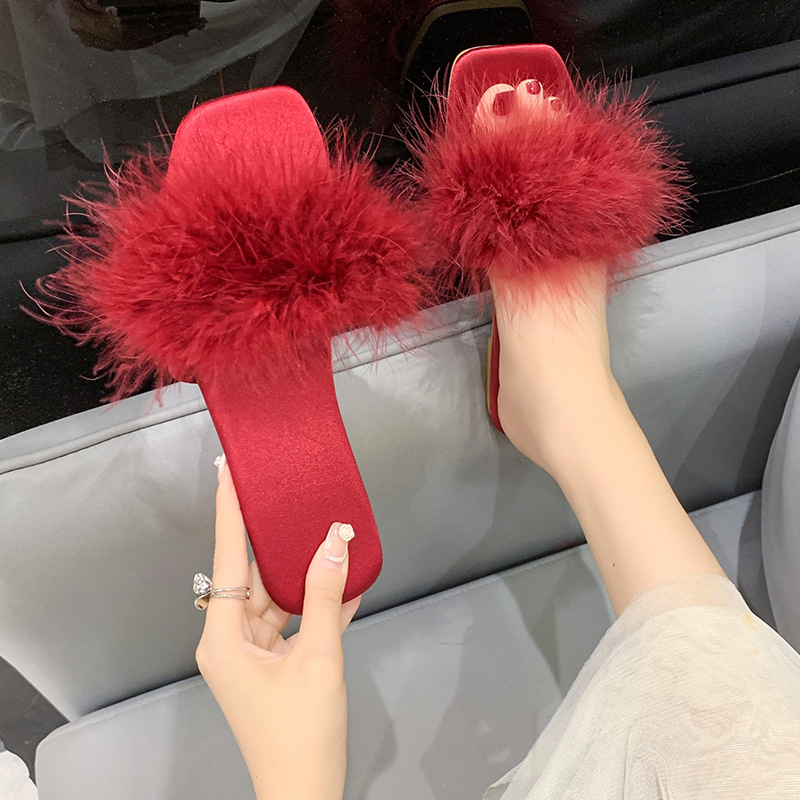 毛毛结婚伴娘晨袍拖鞋陪嫁新娘新婚绸缎拖鞋红色喜庆一对女春夏鞋