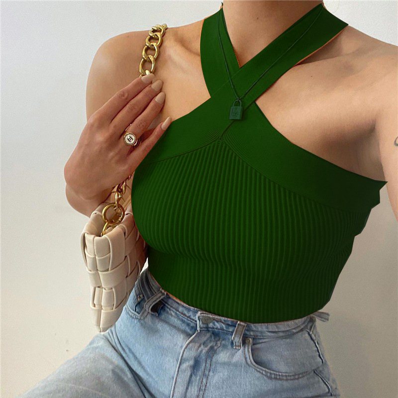 182g Weight Spandex Fabric Type Short Top Length Halter Crisscross Tank Tops Type Holiday, Street Occasion Halter Neck Neckline Slim Fit Type Solid Color Pattern Summer, Spring Season Women's Gender Backless Design Streetwear Style Wholesale Women's Streetwear Solid Color Backless Tank Tops 23