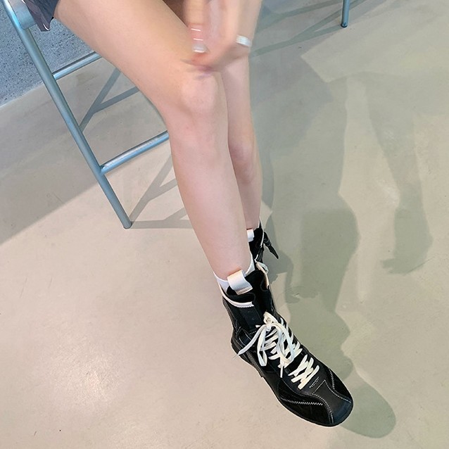 牛皮~ins时髦复古拼色拳击靴百搭绑带侧拉链猎装德训马丁靴女秋冬|undefined