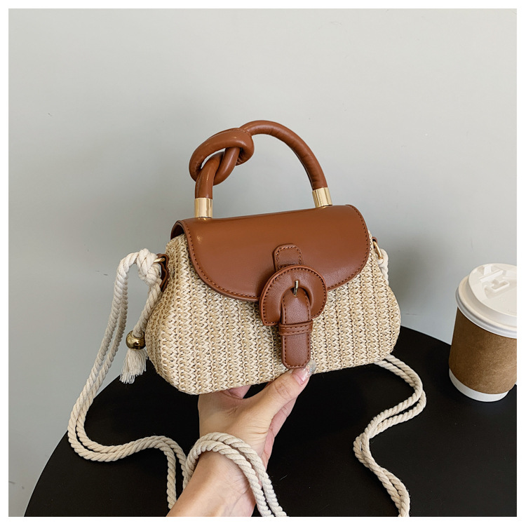 Women's Gender Women's Medium Straw Color Block Vacation Beach Weave Square Lock Clasp Straw Bag