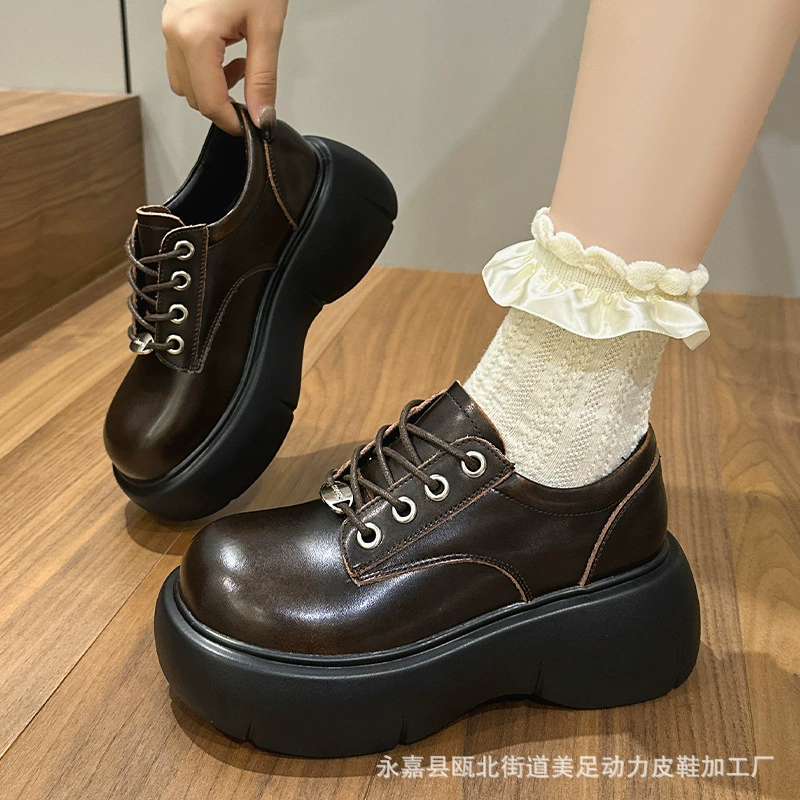 Meitu Power Ретро британский стиль маленькие кожаные туфли женские 2024 новые круглые шнуровки