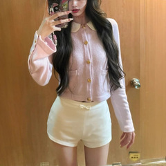 【软软豆乳】小翻领温柔贵气小香两色针织开衫上衣女