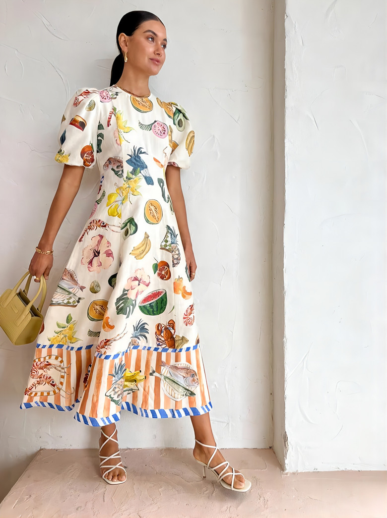Mid Waist Waist Line Street Occasion Round Neck Neckline Wholesale Women's Casual Printing Fruit Street Round Neck Short Sleeve Swing Dress