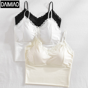 Summer New Lace V-Neck Beautiful Back Camisole Bra for Women with Chest Pads, Vest with Fixed Cup Ice Silk Wrap Bra