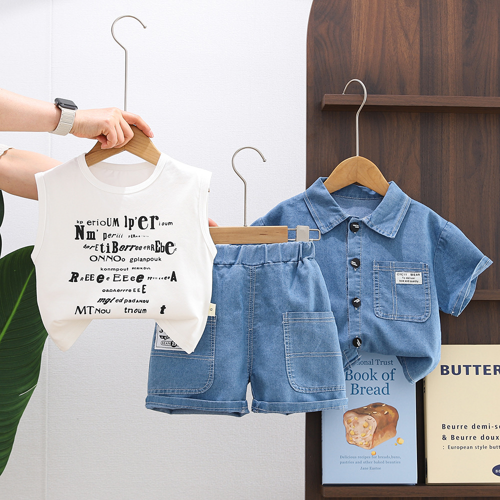 Boys' Jeans 2025 Korean Style New Summer Style Letter Denim Shirt Short-Sleeved Three-Piece Set for Small and Medium-Sized Children