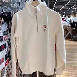 BM风美式宽松米色瑞士国旗polo领刺绣半拉链长袖卫衣bm套头上衣女