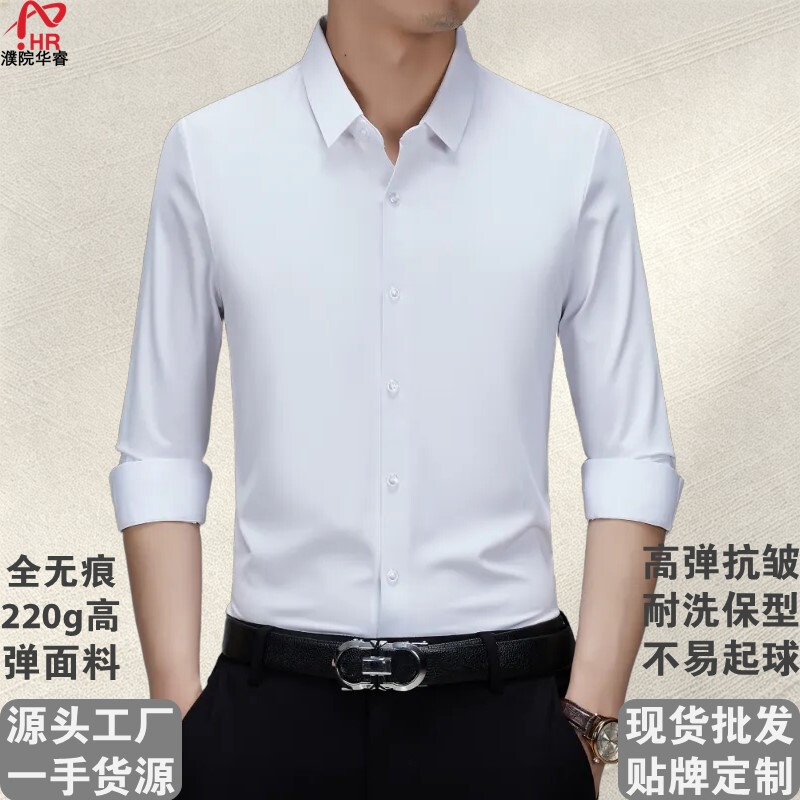 Elastic Seamless Men's Long-Sleeved Shirt, Autumn and Winter Breathable, No-Iron Basic Business Solid Color Shirt, Direct Supply from the Manufacturer