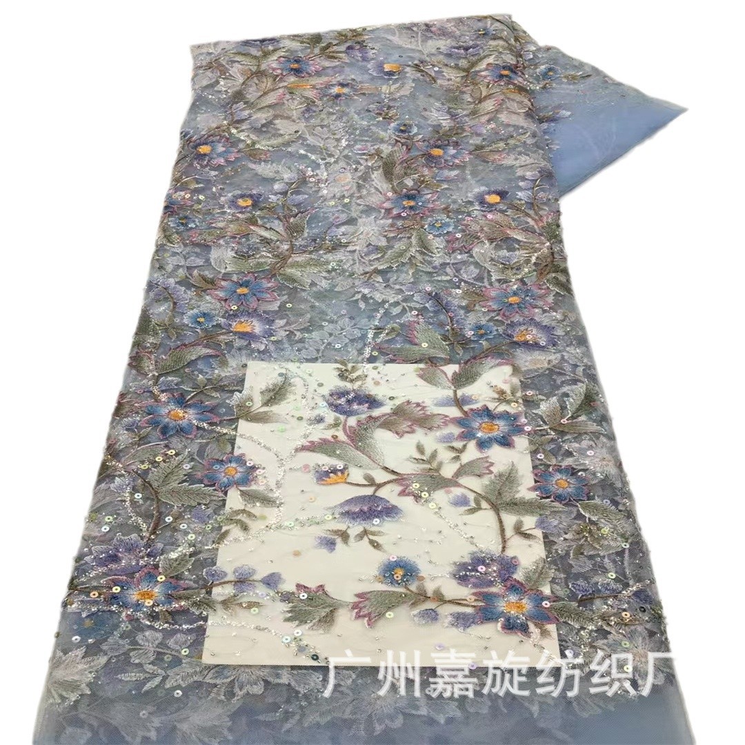 Tela de malla con lentejuelas impresas de colores y bordados, accesorios de moda para vestidos y trajes de estilo fresco.