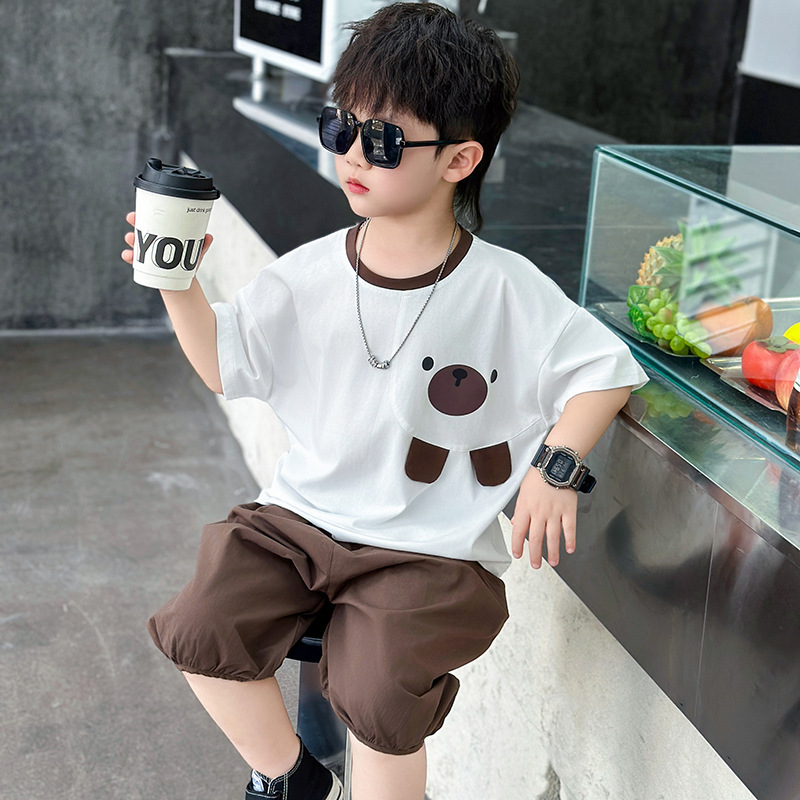 7237 Traje de verano para niños Traje de verano para niños Manga corta 2025 Nuevo estilo Estilo occidental Traje de dos piezas de moda de verano para bebés