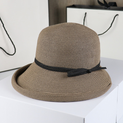 Retro Hepburn style sunshade straw hat for women, foldable basin hat, Japanese fisherman hat, summer travel sun protection sun hat