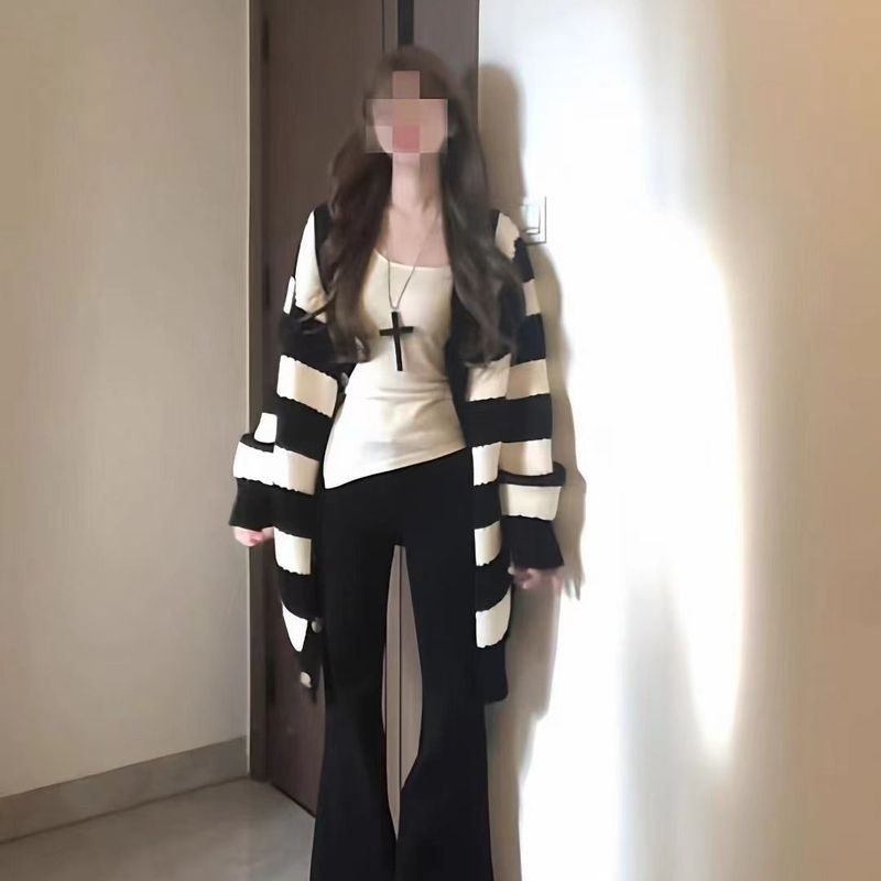 韩系早秋季穿搭宽松慵懒风针织衫开衫毛衣女休闲百搭条纹外套上衣|undefined