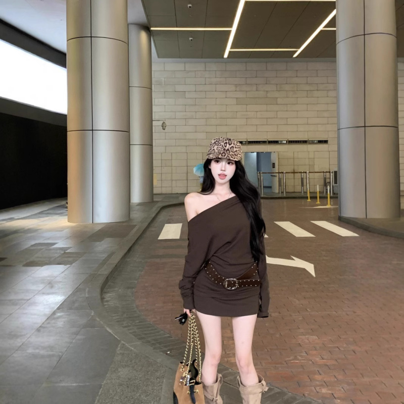 实拍纯欲辣妹早秋新款气质斜领长袖上衣高腰显瘦短裙裤百搭两件套|undefined