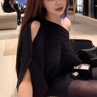 小香家秀款高级感毛衣露肩斜肩气质不规则针织衫秋季新款穿搭