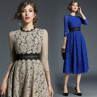 Cross-border 8109 real-life women's spring and autumn new temperament crochet hollow stitching lace dress long large pendulum