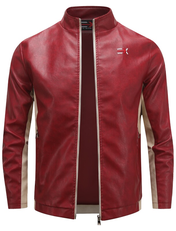 Cross-border men's stand-up collar faux leather jacket, slim-fit PU biker jacket with zipper, contrasting color webbing on the sleeves, chest embroidery Cross-border men's stand-up collar faux leather jacket, slim-fit PU biker jacket with zipper, contrasting color webbing on the sleeves, chest embroidery