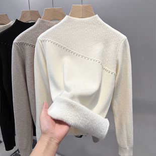 Autumn and Winter fleece-lined Thick Knitted Base Shirt Women's 2024 New Half-turtleneck Long-sleeved Knitted Sweater Base Shirt