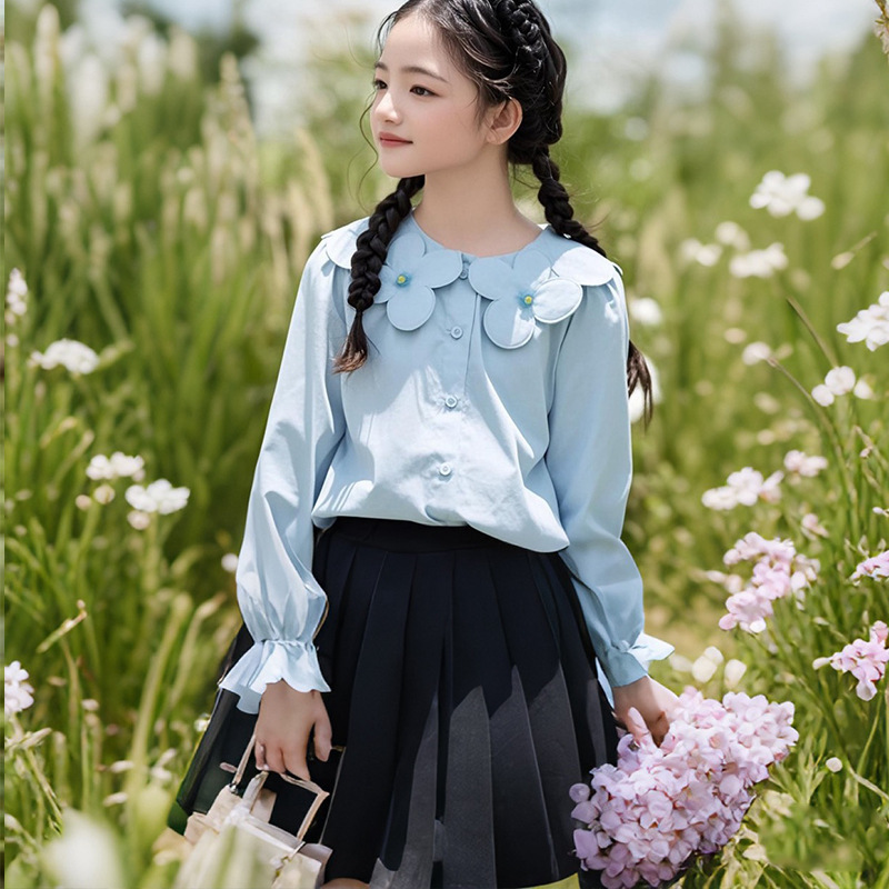 子供服の女の子の花の子供の襟の白いシャツの秋の子供の中で大きい子供の洋風の長袖のシャツの学院の風|undefined