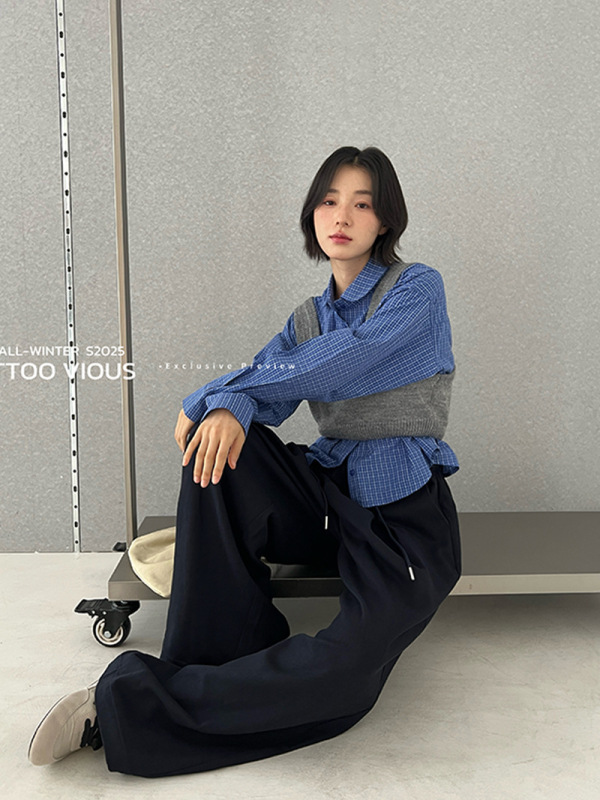 TTOO VOUIS休闲知性文艺风毛织外传背心细格纹长袖衬衫两件套女|undefined