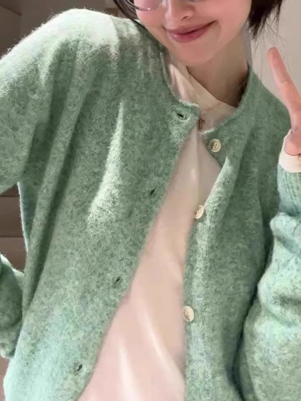 法式气质薄荷绿卷边针织开衫毛衣外套女春秋软糯绿色上衣早秋外搭|undefined