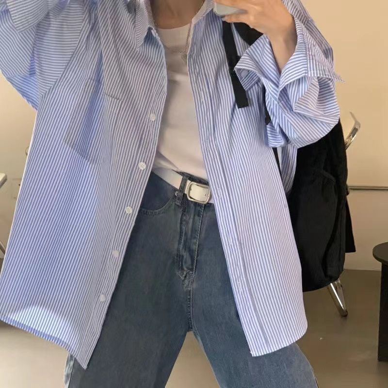 ストライプの長袖のシャツの女性の春秋の服の新型の日焼け止めのゆったりしたbfの風のゆったりしている中の長いストライプの百合のコートの女性|undefined