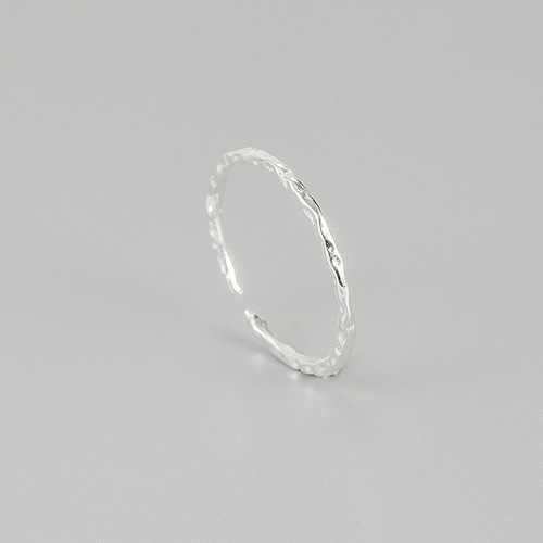 INS Asymmetrical Ripple Texture Ring for Women, 925 Silver, Korean Version, Simple Mini Open Finger Ring, Adjustable