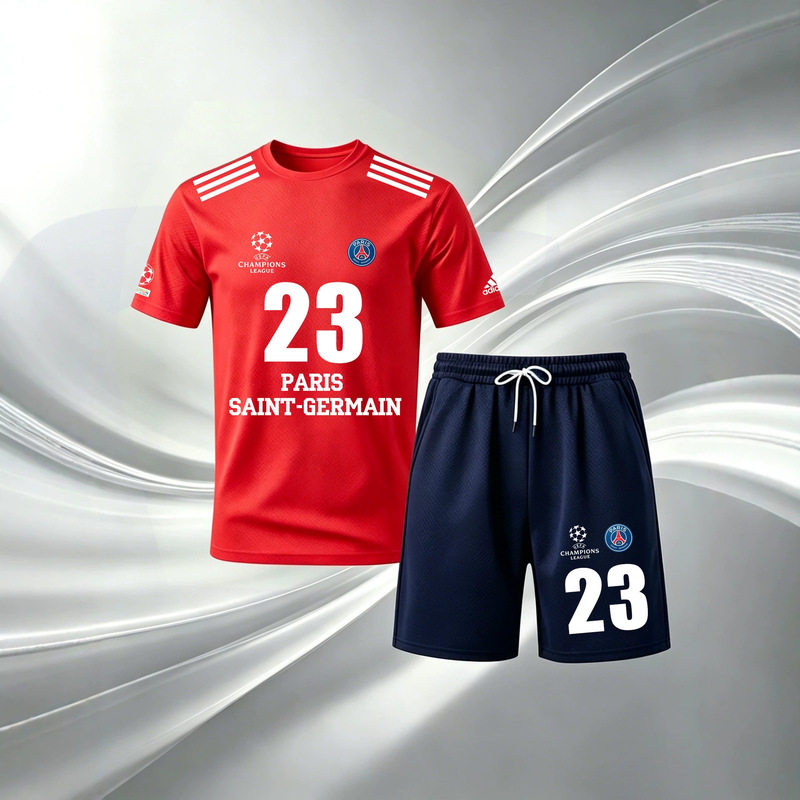 Hot-Selling Summer Paris Saint-Germain Printed Mesh Breathable Quick-Drying Men's Round-Neck Short-Sleeved T-Shirt and Shorts Set