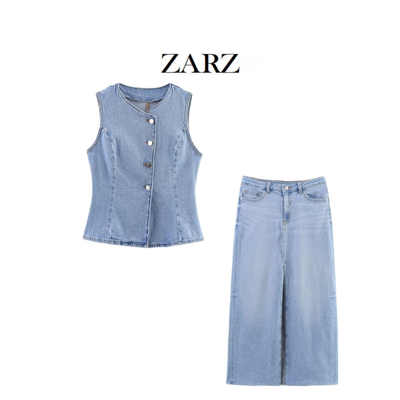 ZARZ Homemade European and American Style New Women's Classic Denim Vest Midi Denim Skirt 8228023