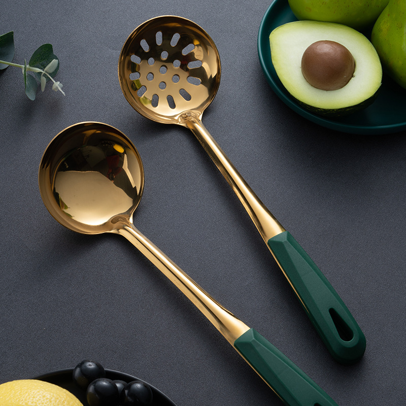 New Internet celebrity 304 stainless steel soup spoon soup drain long handle hot pot spoon ins dark green gold-plated soup shell kitchen set
