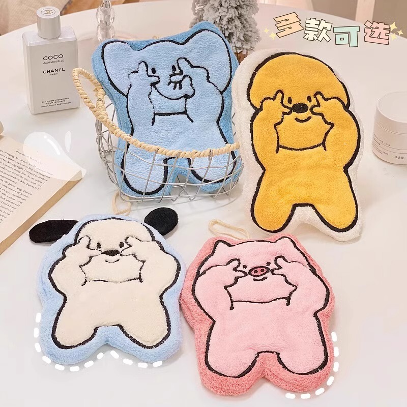 かわいい漫画刺繍コーラルベルベットワイプ家庭用キッチンタオルトイレ子供手洗い强い吸水ワイプタオル|undefined