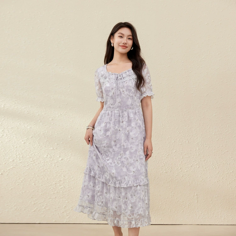 [Винтажное платье с квадратным воротником с принтом в стиле курорта] Felly Show большой размер женский толстый mm2025 летний новый