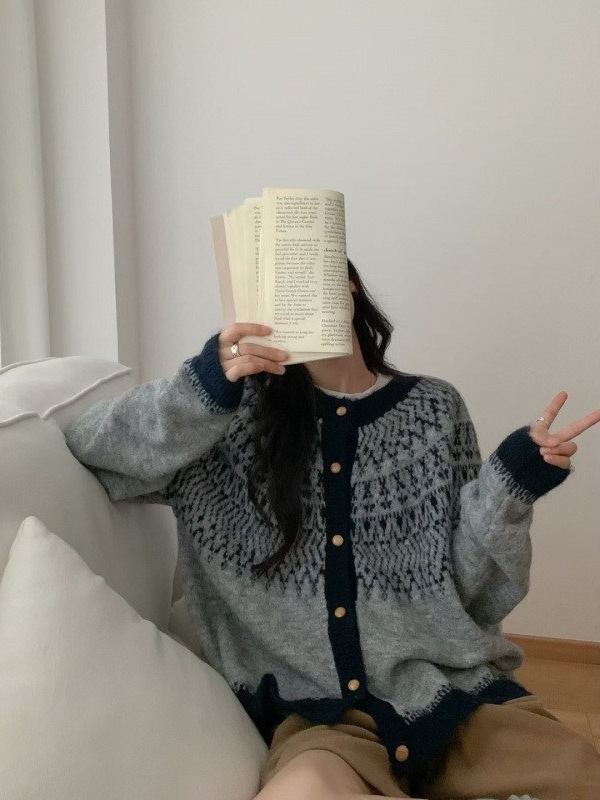 复古费尔岛加厚羊毛软糯毛衣外套女韩版秋冬新款宽松百搭针织开衫|undefined