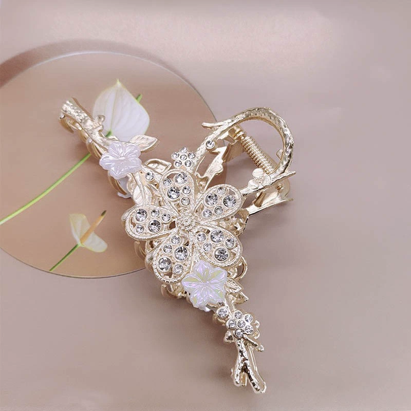 Зажим-домик для волос (краб) с золотистым и Rhinestones, акцент на ветке цветка