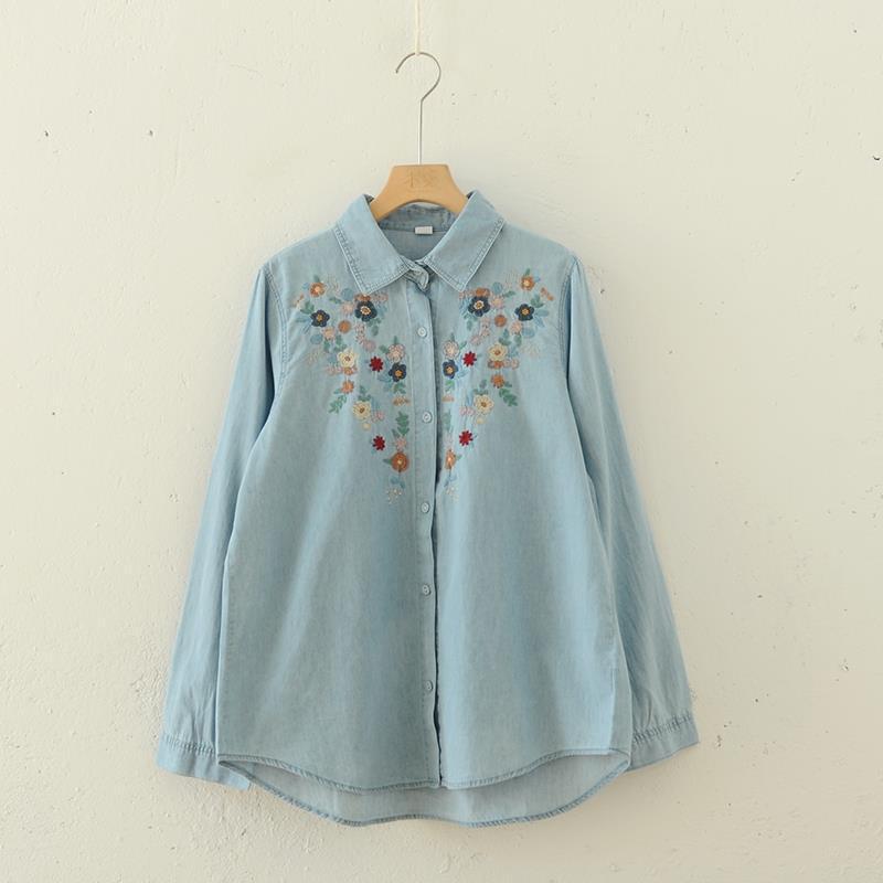 Japanese Literary Slim Washed Light Blue Thin Embroidery Stacked Casual Long Sleeve Denim Stitching Women Wholesale