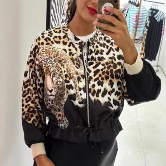 2025 Cross-Border European and American Fashion Women's Autum Outwear Leopard Animal Combination Print Pilot Zipper Jacket for Women