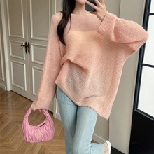 【实拍】高比例温柔马海毛针织羊毛春秋宽松罩衫薄一字领露肩上衣
